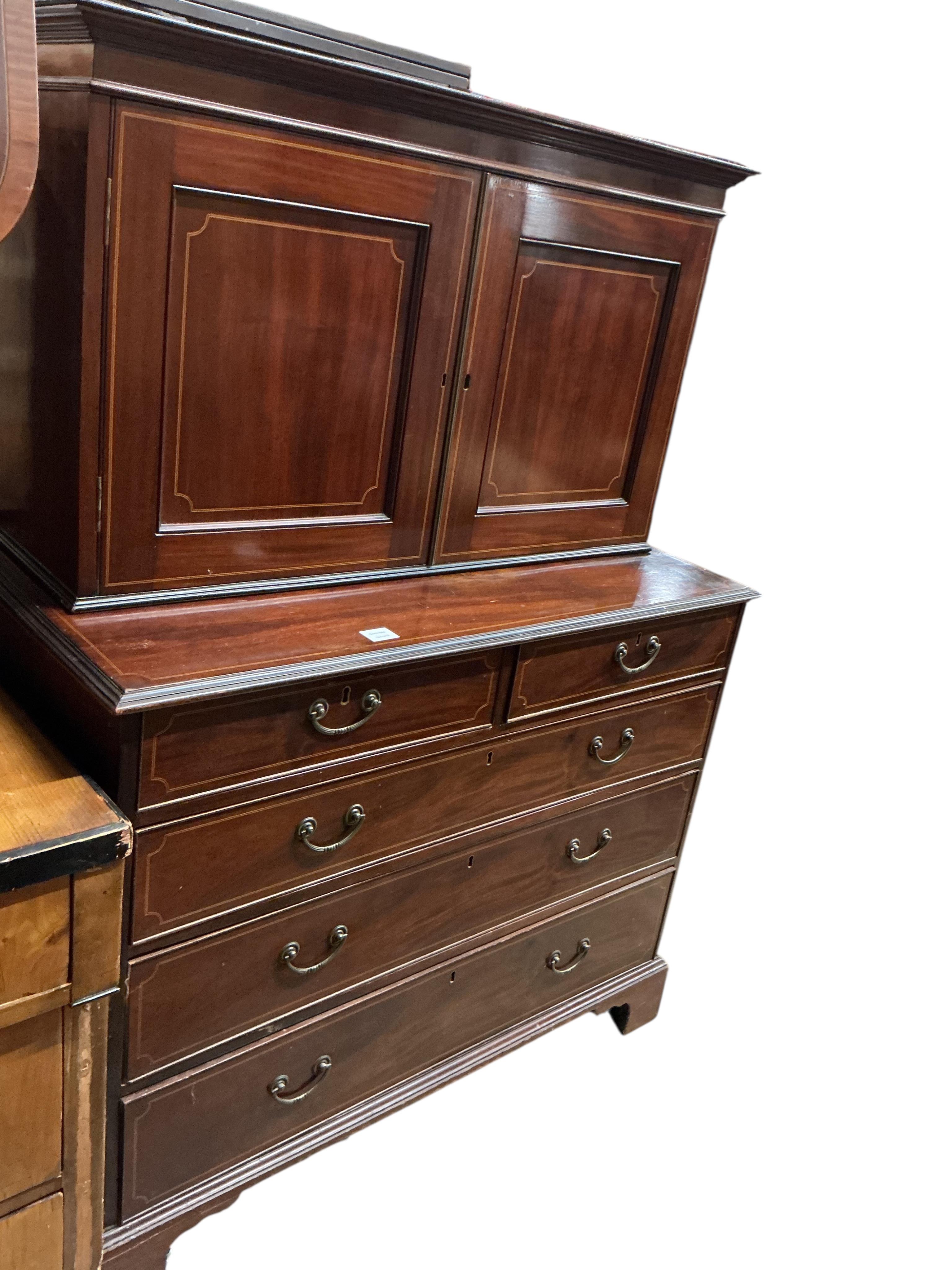 A George III inlaid mahogany cabinet chest on chest, width 110cm, depth 56cm, height 149cm